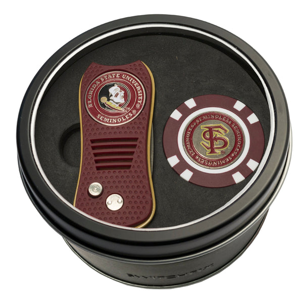 Florida State Switchblade Divot Tool + Golf Chip Tin Gift Set